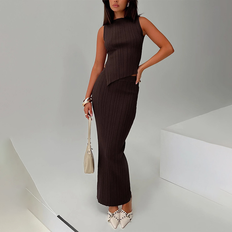 Summer New Pure Color round Neck Unisex High Waist Long Dress Slimming Set High Waist Long Skirt Top And Bottom Ensemble