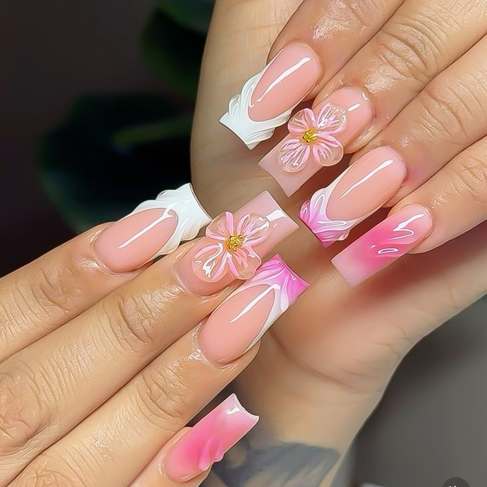 24pcs Y2K Pink Blossom Press On Nails with Jelly Glue White Edge French Fake Nails European Wearable Long Coffin False Nails Tip
