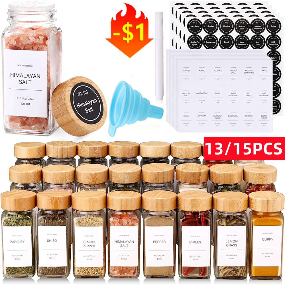 13Pcs Glass Spice Jars with Bamboo Lids 4oz Glass Jars Spice Jar Set Seasoning Jars Organizer Storage Bottles for Spice Rack