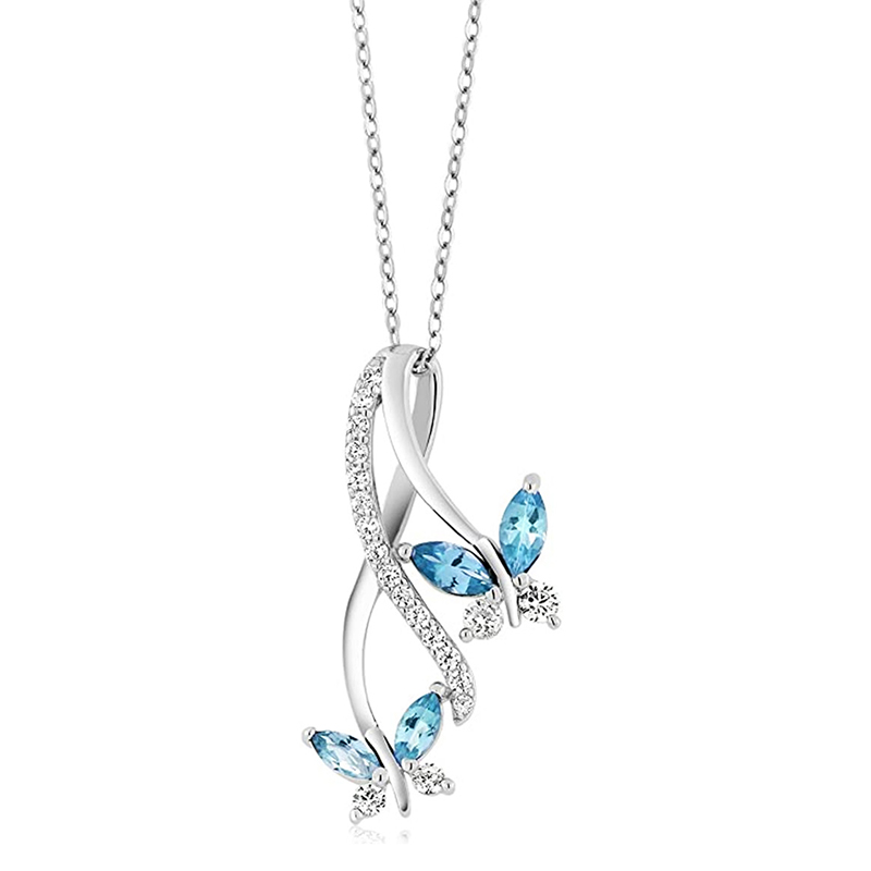 Huitan Chic Blue Butterfly Necklace for Women Wedding Anniversary Party Temperament Lady’s Neck Accessories CZ Luxury Jewelry