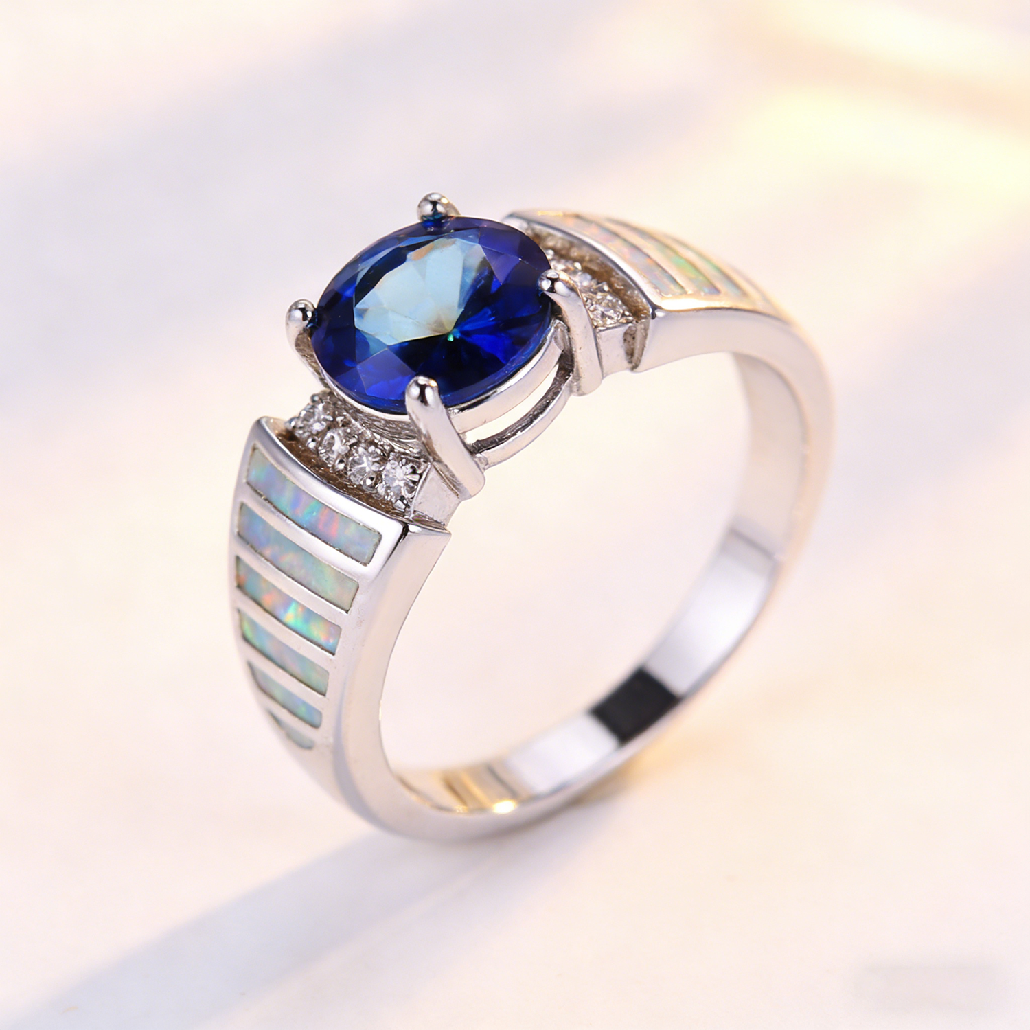 Geometric Statement Ring Oval Blue Opal with Zirconia Accents White Opal Inlay for Men & Women Gift,Valentine's Day Aniversary