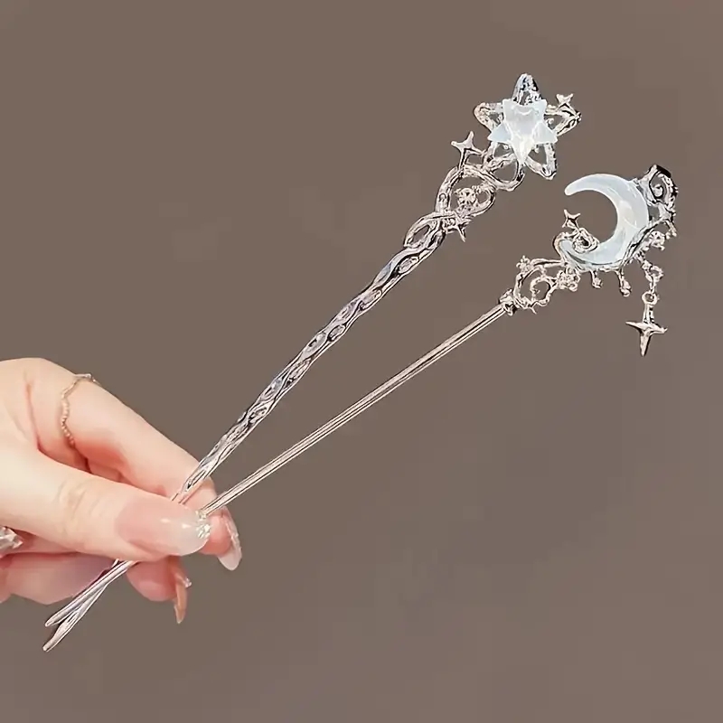 1/2pcs Romantic Moonstone Star and Moon Hair Sticks Chinese Style Cross Tassel Hairpin with Disk Design Elegant Hair Chopsticks