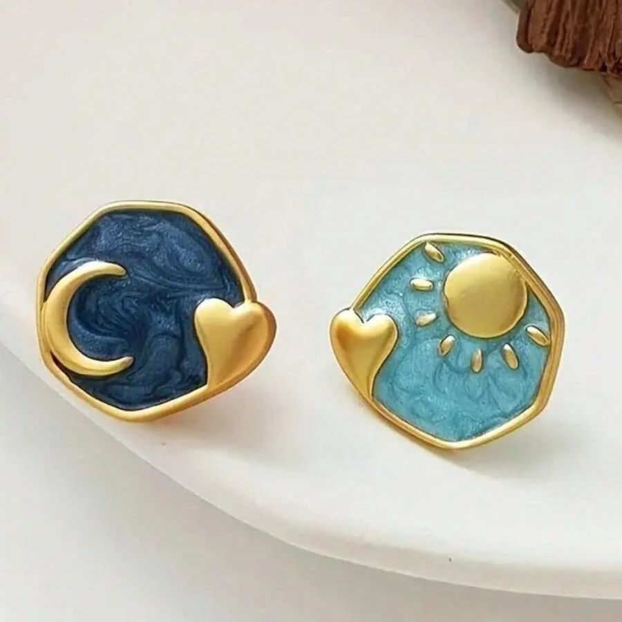 Cute Sun Moon Pattern Two Colors Tiny Epoxy Stud Earrings For Women Chic Design Deep Blue And Light Blue Color Posting Earrings