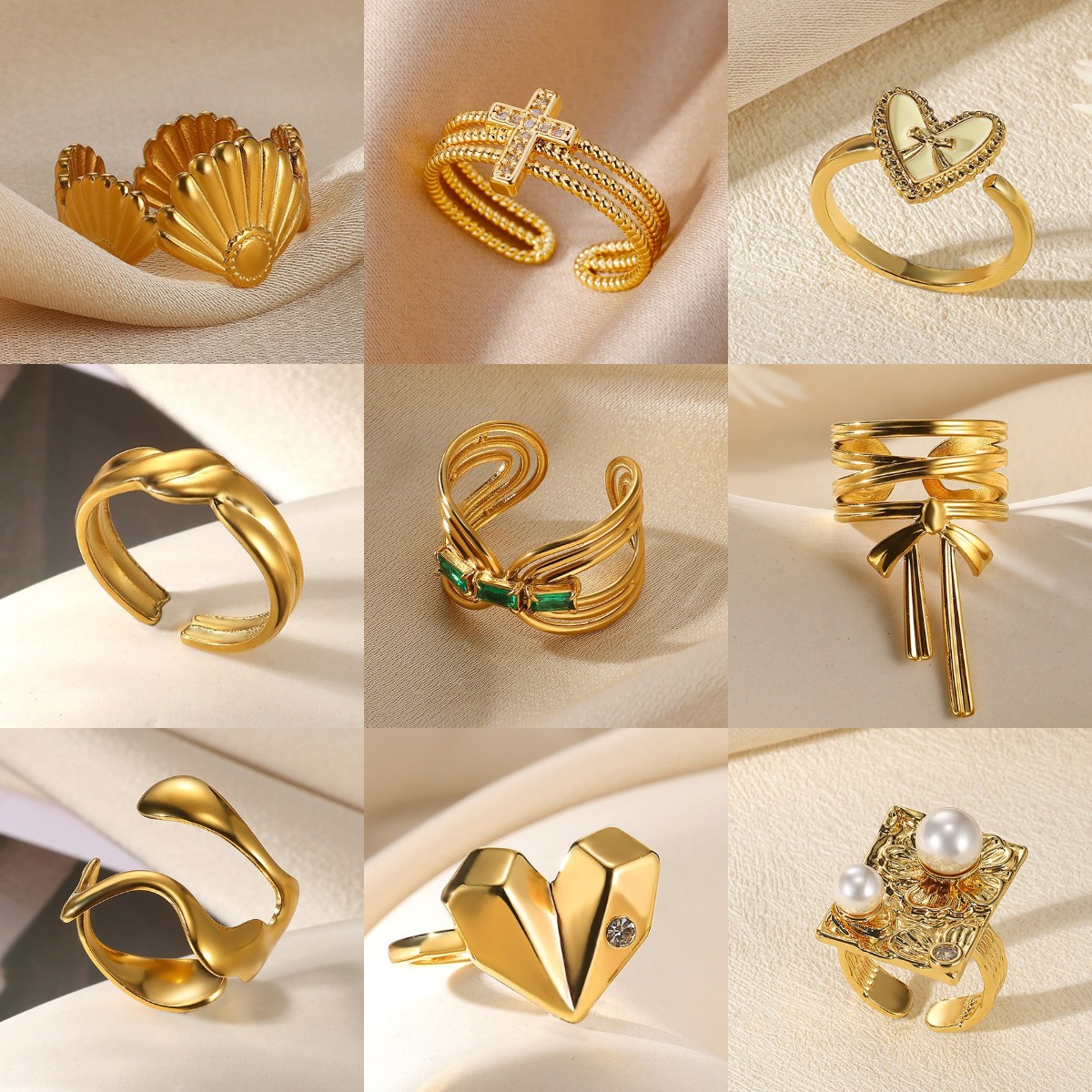 Gold Color Copper Zircon Cross Rings For Women Classic Irregular Geometric Pearl Waterproof Rings Jewelry Free shipping