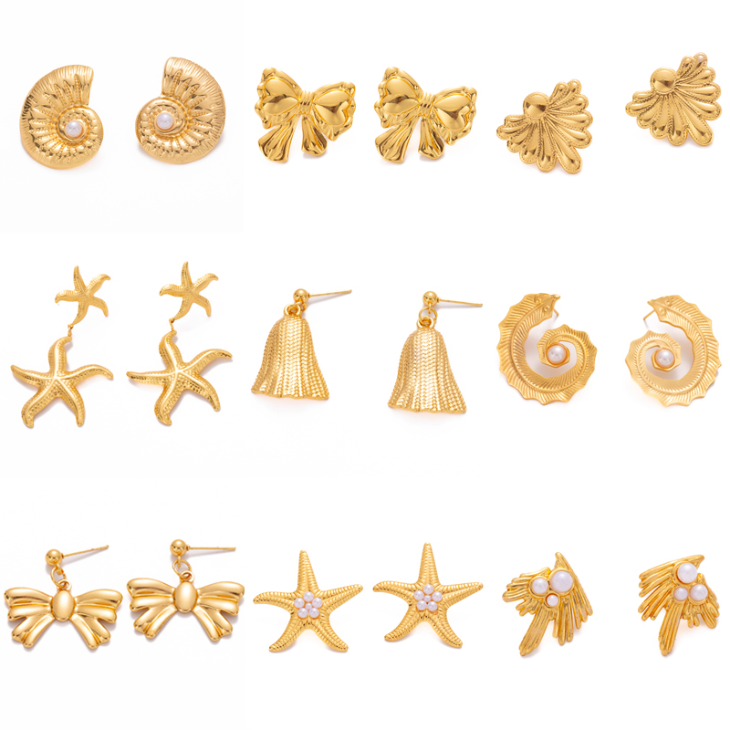 ANENJERY 316L Stainless Steel Bowknot Starfish Pearl Geometry Women's Earrings Personality Simple Vintage Fashion Jewelry