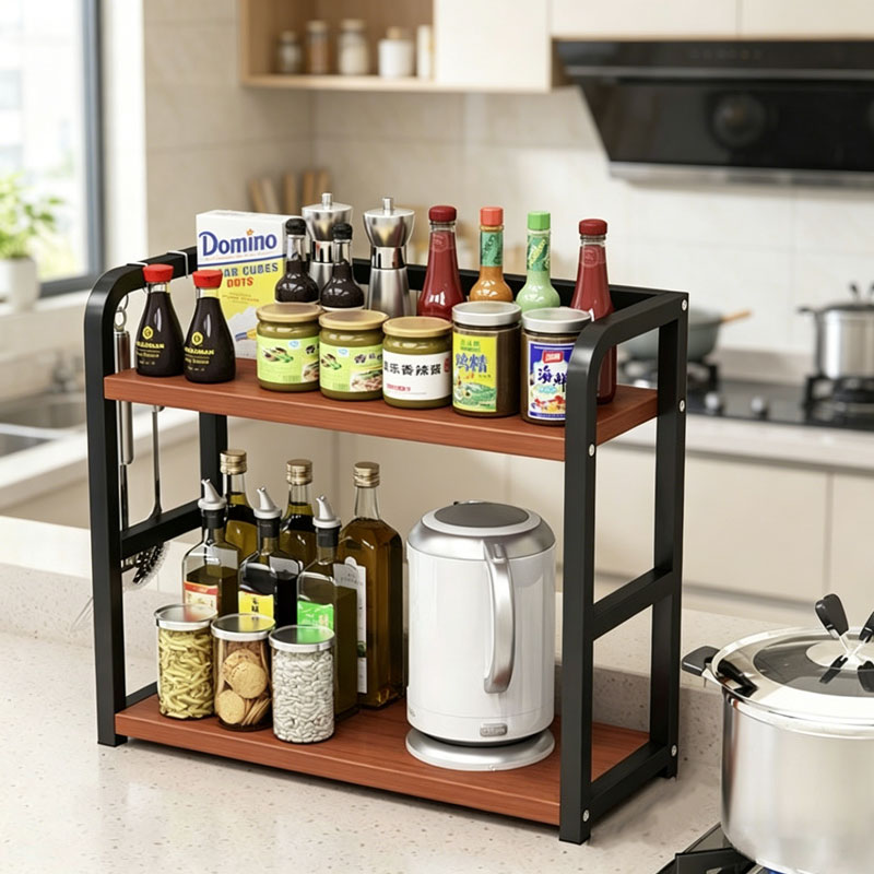 2-Tier Metal Countertop Rack Kitchen Storage Rack Space-Saving Multifunctional Rust-proof Rack for Cups and Condiments