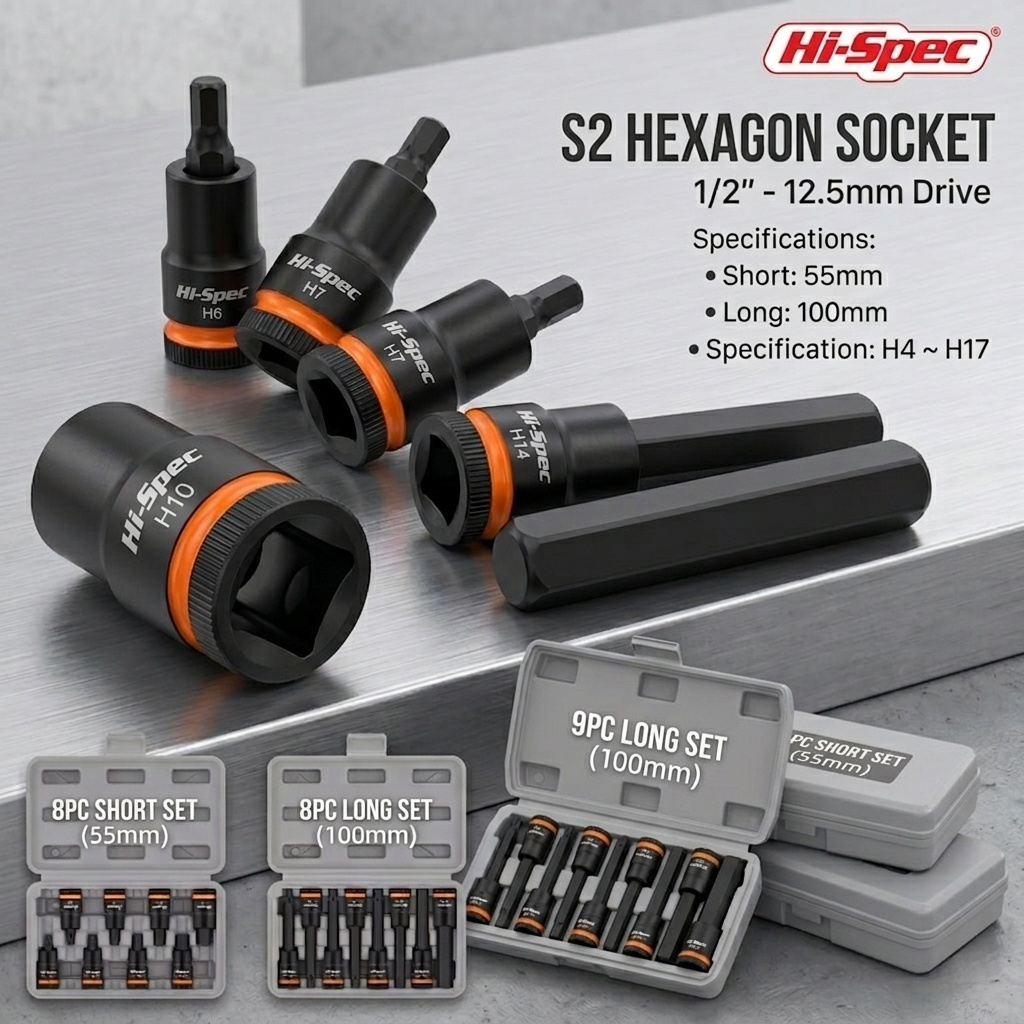 Hi-Spec 1/2Inch Metric Hex Bit Socket Set (H4-H17) Heavy Duty Impact Sockets for Auto Repair Workshop Tool Set for Maintenance