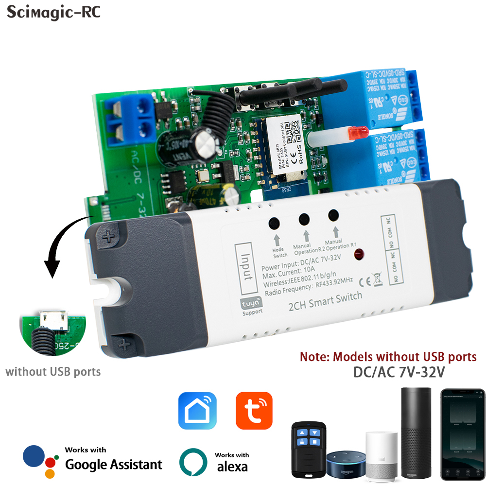 Alexa Smart Switch Tuya Smart Home 1CH 2CH Wifi Switch 220V 7-32V 85-250V USB 5V 10A Wireless Relay Module Tuya Switch
