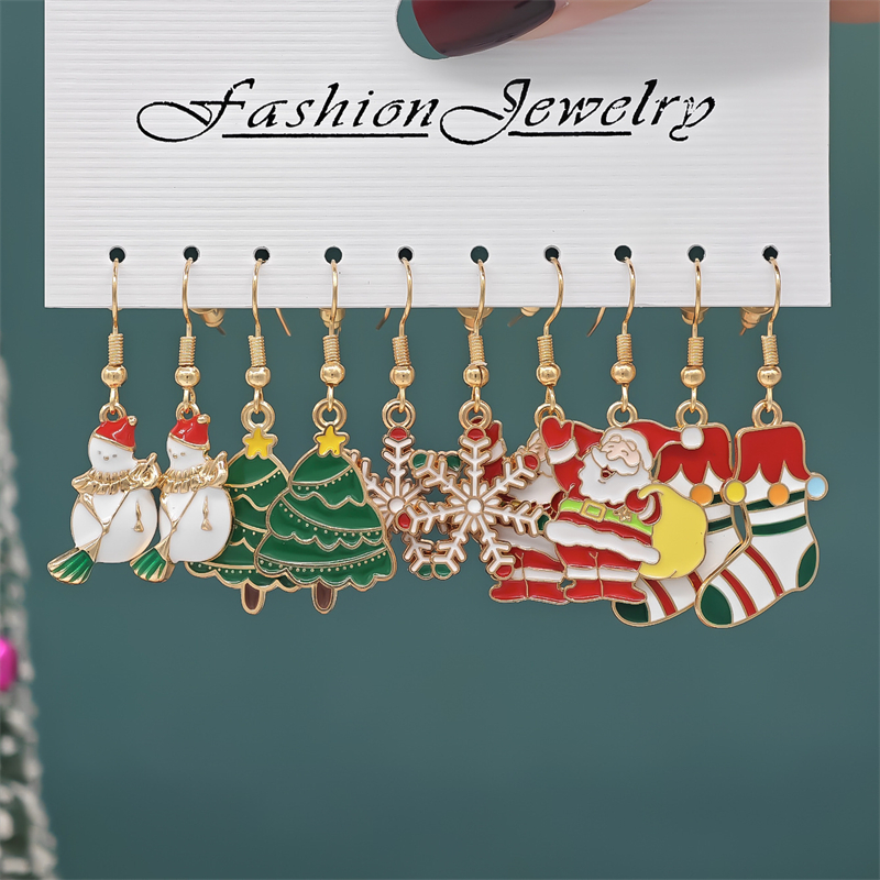 5 Pairs Earring Set For Women Cartoon Dripping Oil Santa Claus Snowflake Xmas Tree Elk Earrings New Year Party Jewelry