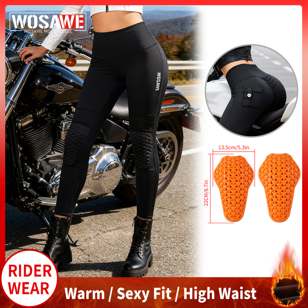 WOSAWE Women Motorcycle Pants with Knee Pads Motocross High Waist Yoga Sport Leggings Gym Fitness Tights Lady Casual Streetwear
