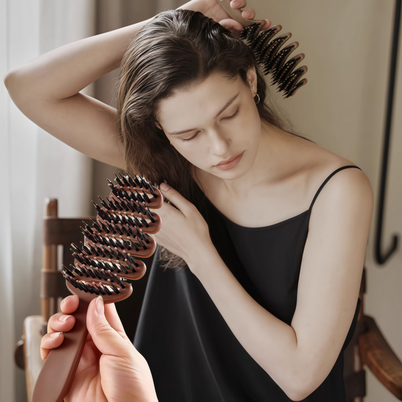 A Dual-Purpose Natural Wild Boar Bristle Hairbrush - Anti-Static, Volumizing Massage Tool, Specifically for Women, with a Brown Abs Plastic Handle, Perfect for Home and Travel, Dual-Use Hairbrush for Curling and Straightening | Natural Pig Comb
