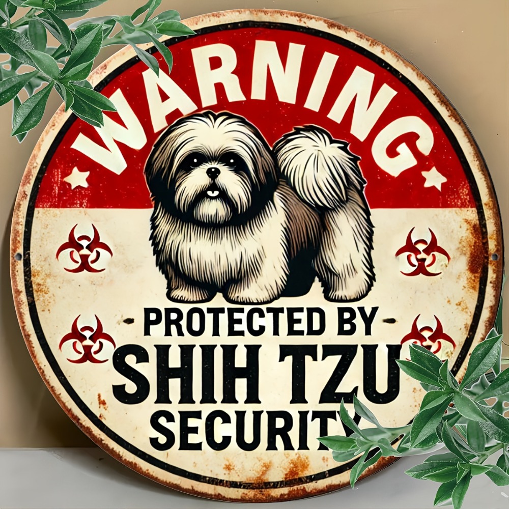 1pc Vintage Warning Sign - Shih Tzu Dog Security Aluminum Tin Metal Round Plaque, Artistic Wall Decor