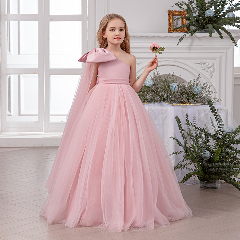 Girls' Bowknot One-Shoulder Long Evening Dress for Birthday Parties, Important Holidays, Piano Performances, Host Costumes, Flower Girl Wedding Dresses