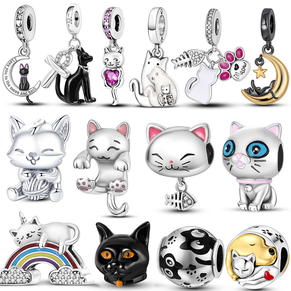Silver Plated Cute Cat Collection Charms Beads Paw Print Pendant Fit Original DIY Bracelet Women Jewelry