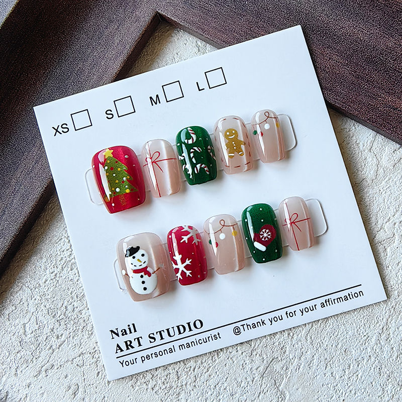 10 Pcs Christmas Half Handmade Press on Nails Sweet Girl Christmas Tree and Bear Snowflake Cute Snowman Detachable False Nails