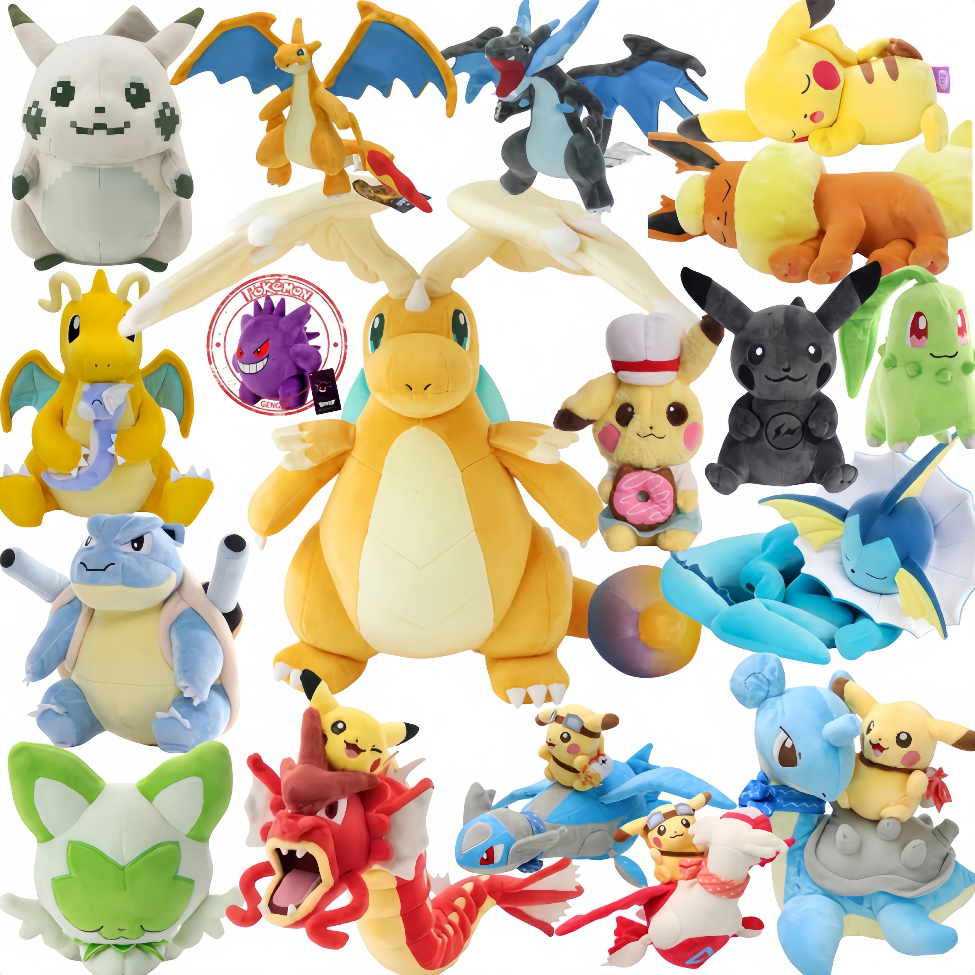 Pokemon Mega Dragonite Holding Dratini Sleeping Vaporeon Flareon Initial Pikachu Peluche Riding Gyarados Lapras Plush Doll