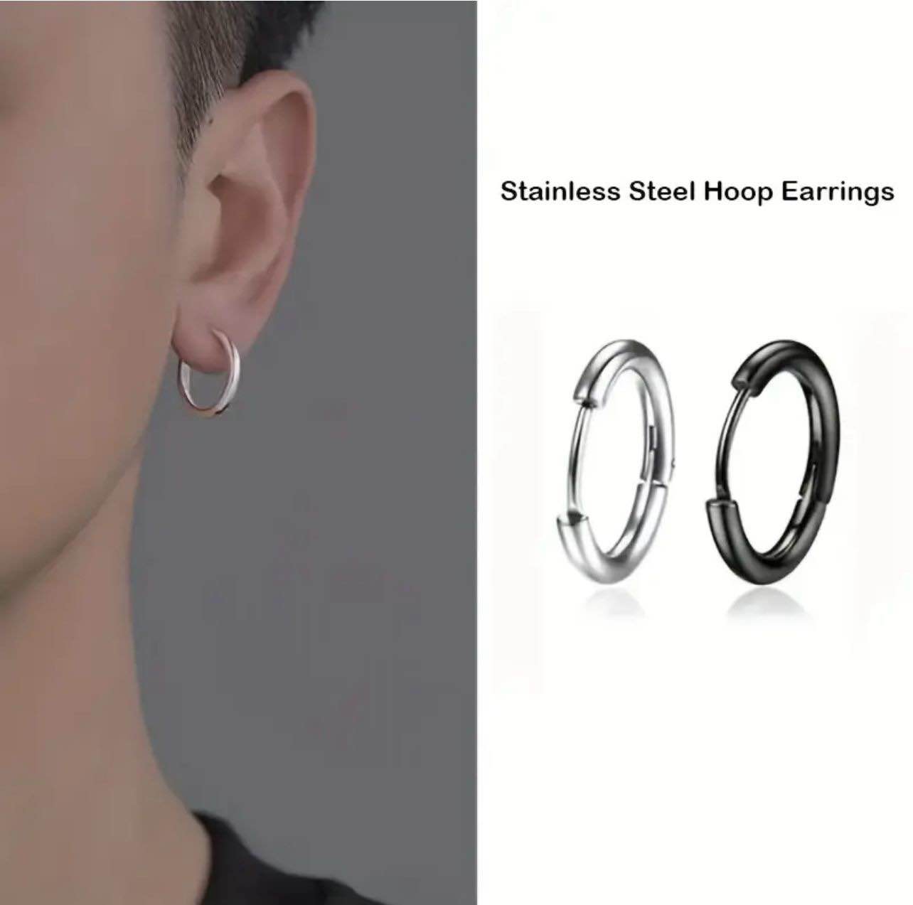 Unisex Sliver & Black Colour 1 Pair Stainless Steel Earring For Men (20MM)