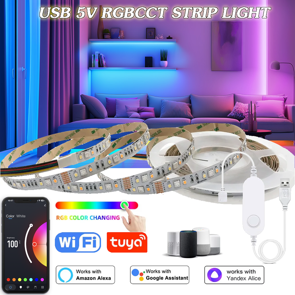 Tuya Wifi 5V USB LED Strip Lights 5050 RGBCCT Led Light Flexible Lamp Tape APP Control Room Party TV Desk Bedroom for