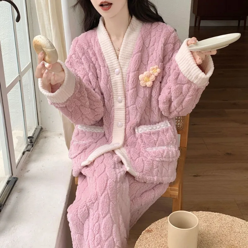 Thickened Warm Sleepwear Plus Size Flannel Pajamas Women Autumn and Winter Sweet High Quality International Students Europe