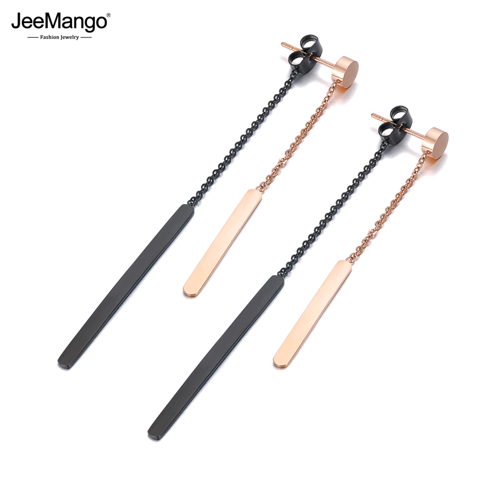 JeeMango Fashion Stainless Steel Geometry Strip Tassel Earrings Jewelry Black/Rose Gold Plated Dangle Earrings For Women JE19234
