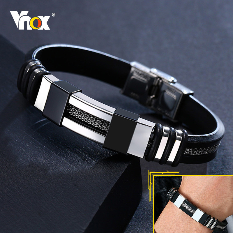 Fashion Stainless Steel Bracelets Men Wrist Band Black Grooved Rudder Silicone Mesh Link Insert Punk Wristband Casual Bangles