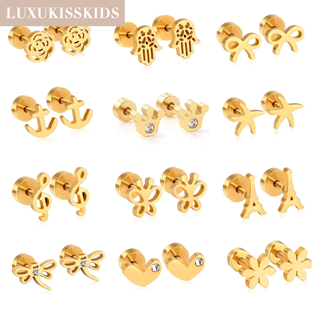 Stainless Steel Crown Stud Earrings For Woman Child Girls Heart Dragonfly Brinco Pendientes Simple Starfish серьги