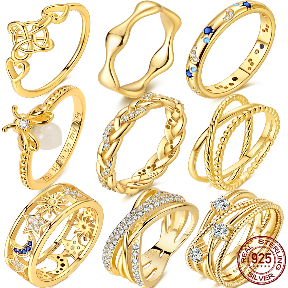 Original 925 Sterling Silver Golden Ring Star Moon Firefly Zircon Size 6-9 For Women Valentine's Birthday DIY Jewelry
