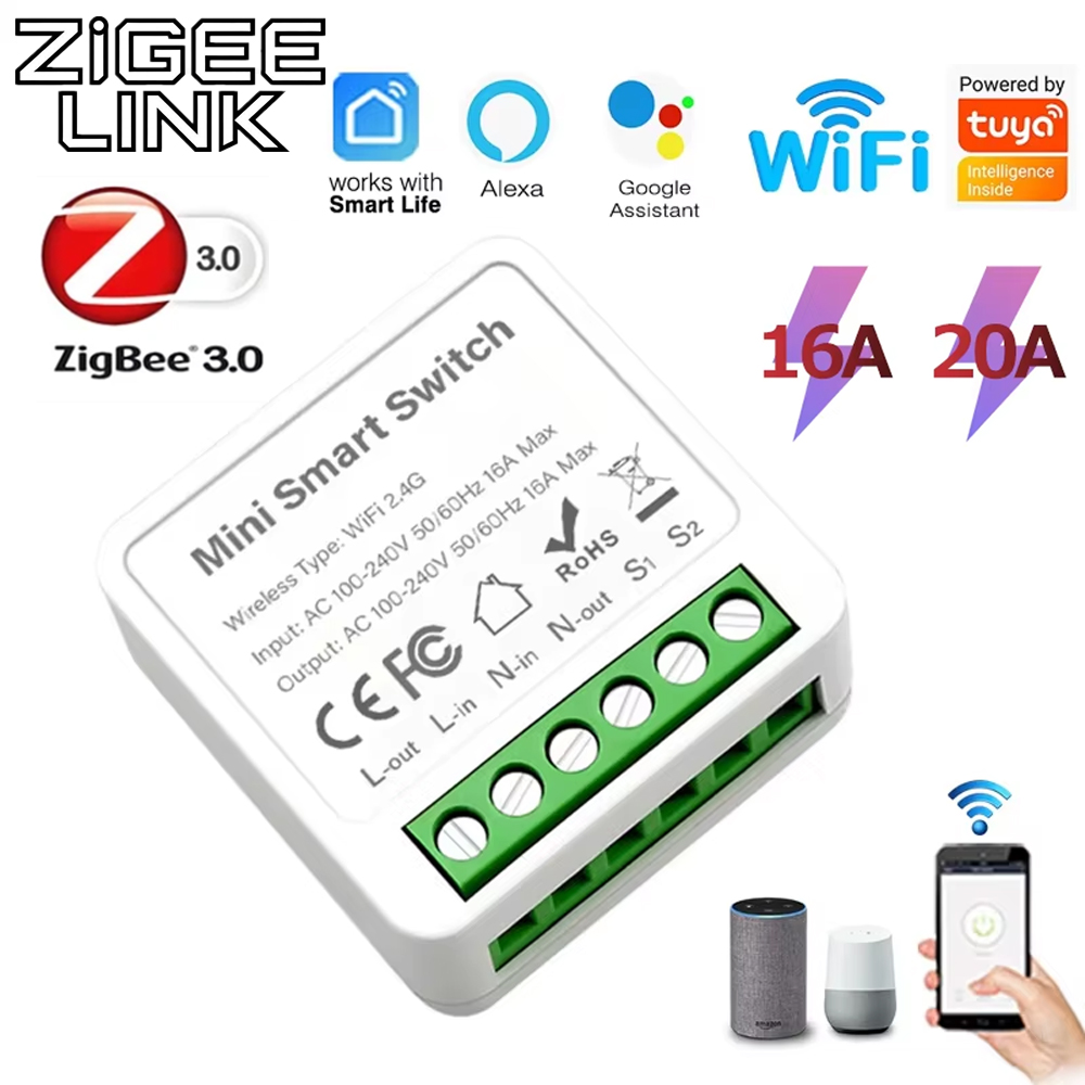 ZigBee or WiFi Smart Switch Module 16A/20A Mini Relay Breaker Smart Home Automation Works with Tuya Alexa