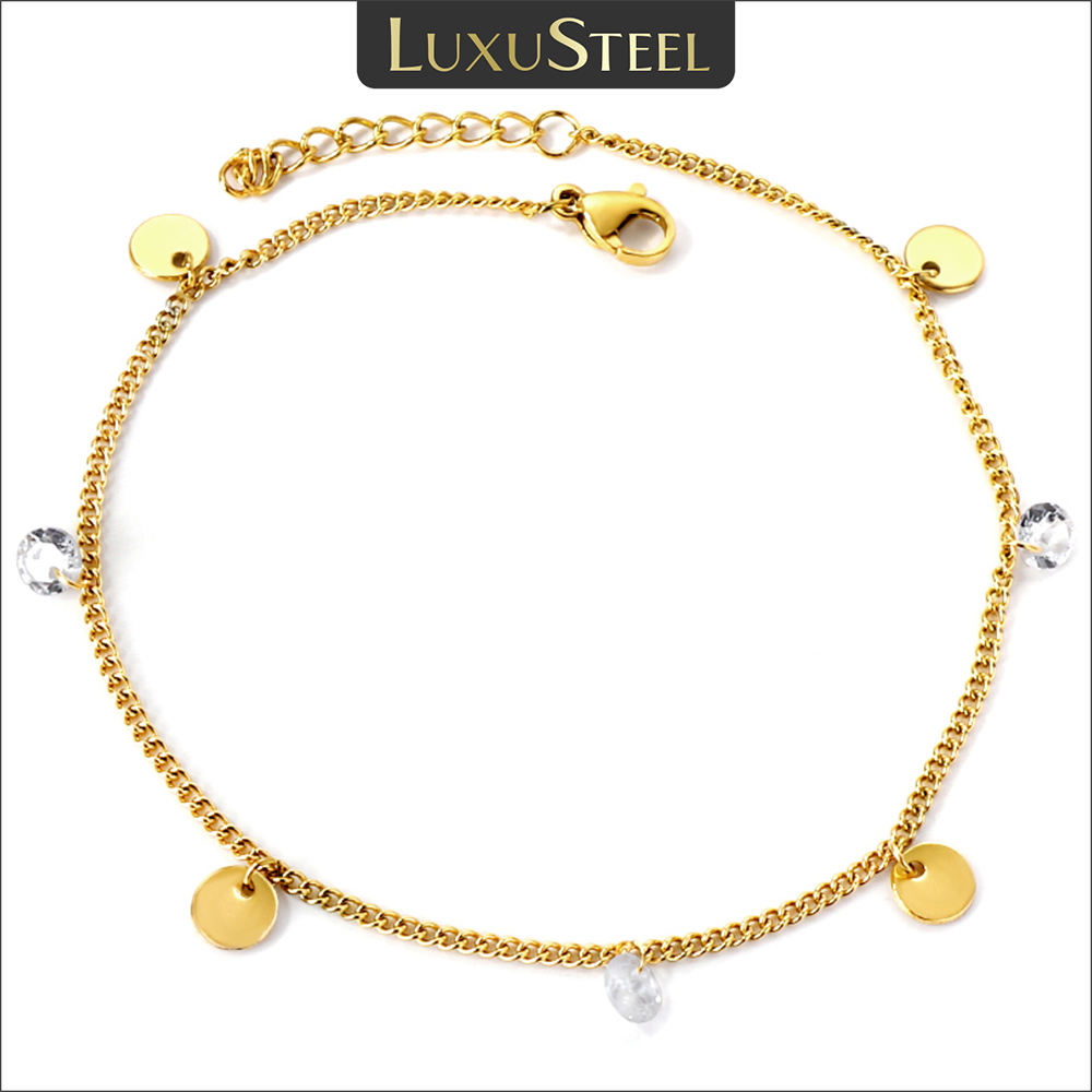 LUXUSTEEL 2023 New Dainty Round CZ Crystal Coin Dis Charm Ankle Foot Bracelet Women's Anklets Stainless Steel Foot Jewelry Woman