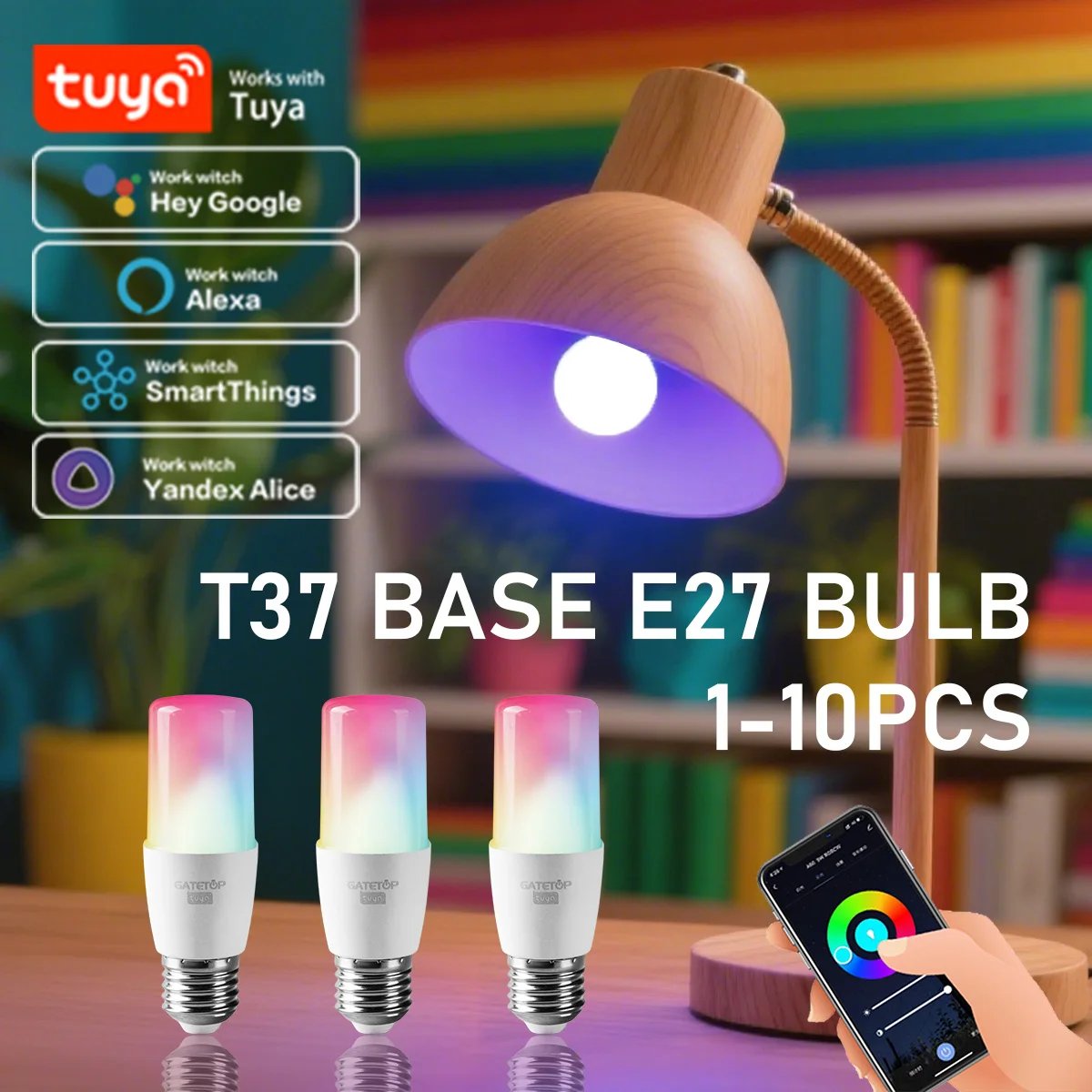 1-10PCS T37 E27 Smart Wifi Led Light Bulb 6W RGBCW WW Candle Lamp Works With Alexa Home Yandex Alice Smartthings