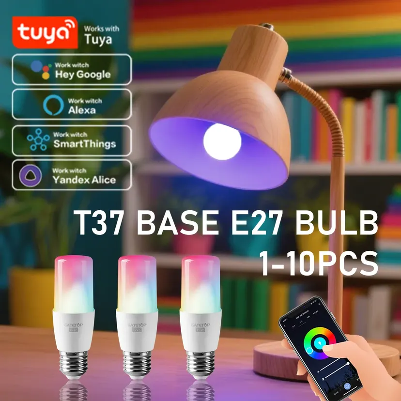 1-10PCS T37 E27 Smart Wifi Led Light Bulb 6W RGBCW WW Candle Lamp Works With Alexa Home Yandex Alice Smartthings