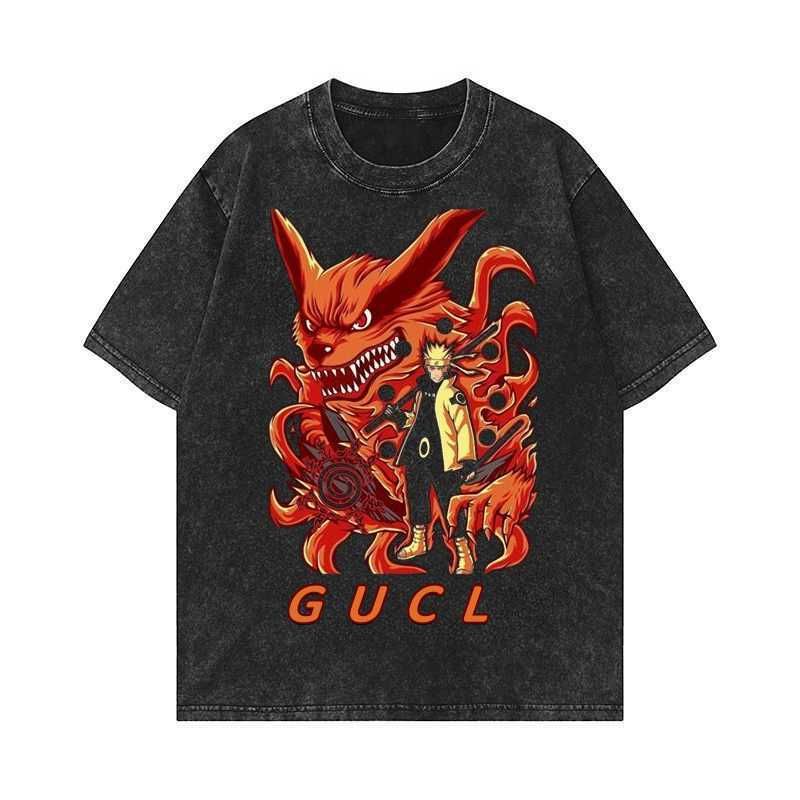 Wholesale Japanese Anime Naruto T-shirt 2026 Summer Retro Washed Black Anime Printed Loose Fitting Men's Women's Streetwear Tops