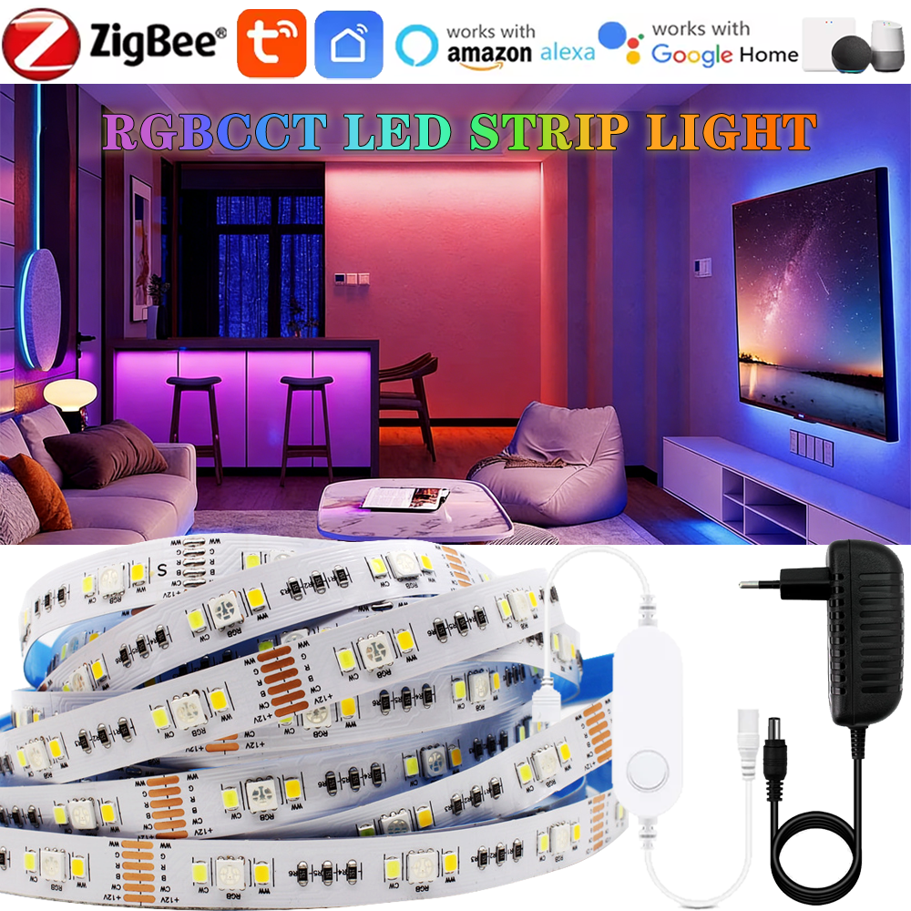 Zigbee 12V 5050 SMD LED Strip RGBCCT Flexible Dimmable RGB CW WW LED String Light 90leds/m Smart Life Home Decor Fr Alexa