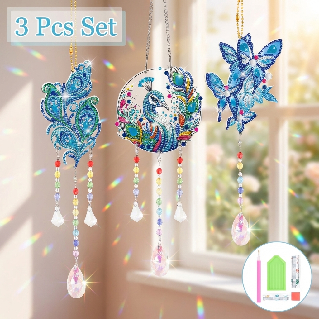 3pcs Diamond Art Sun Catcher Diamond Wind Chime 2D Flat DIY Diamond Art Kit Painting Set DIY Crafts Garden Home Hanging Decor