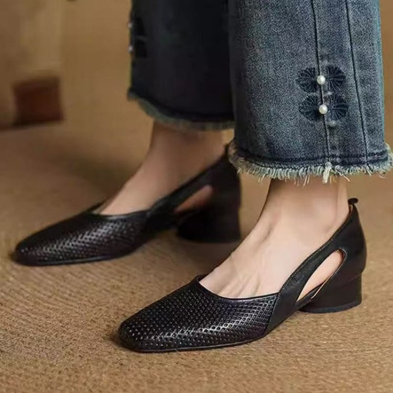2026 New Women's Hollow Out Square Toe Pumps Mid Block Heel Breathable Cutout Side Soft Leather Office Work Shoes