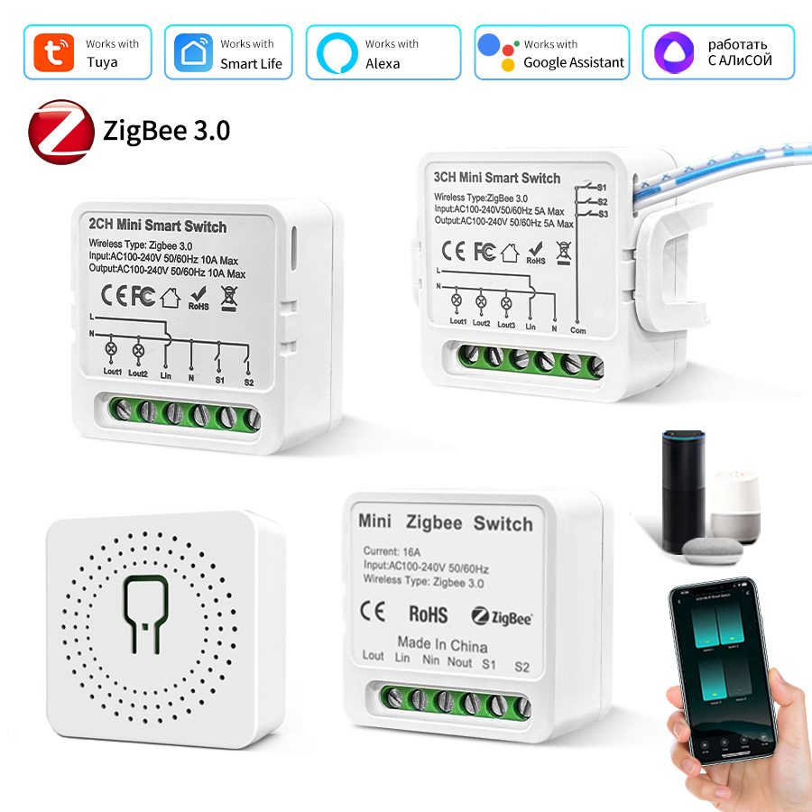 Mini Tuya Smart ZigBee Switch 100-240V 1/2/3CH Smart Home Module Breaker Smart Life App Alexa Assistant Voice Control