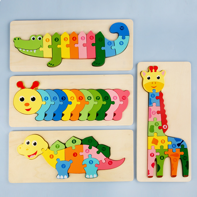 Wooden Puzzles for Kids 3D Montessori Cartoon Animals Cognitive Jigsaw Puzzle Early Learning Tangram Toy for Children