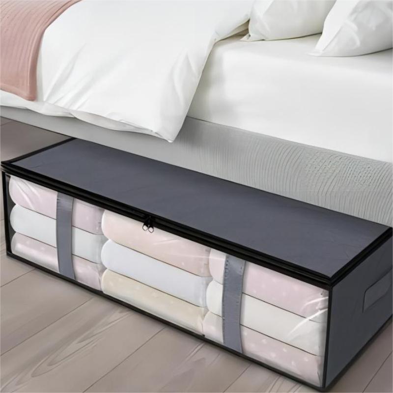 1pc/2pcs Simple Zipper Underbed Storage Bag, Foldable Organizer With Window, Lightweight Clothes Container With Handles