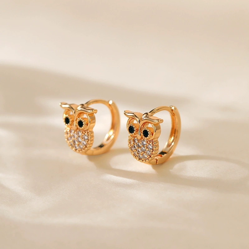 Cute Animal Owl Hoop Earrings For Women Gold Color White Zircon Female Smal Ear Buckle Wedding Party Jewelry