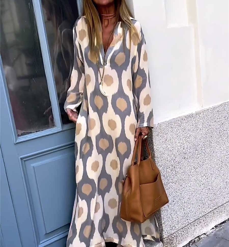 2024 European and American Autumn and Winter New Products Independent Station AliExpress Fashion Unique Printing V-neck Long Dre