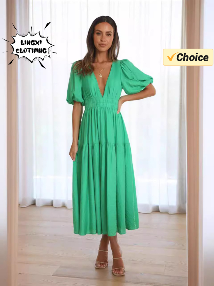 2024 Summer Fashionable Bohemian Style Elegant Holiday Style Solid Color Women's Dress V-neck Pleated Long Dress