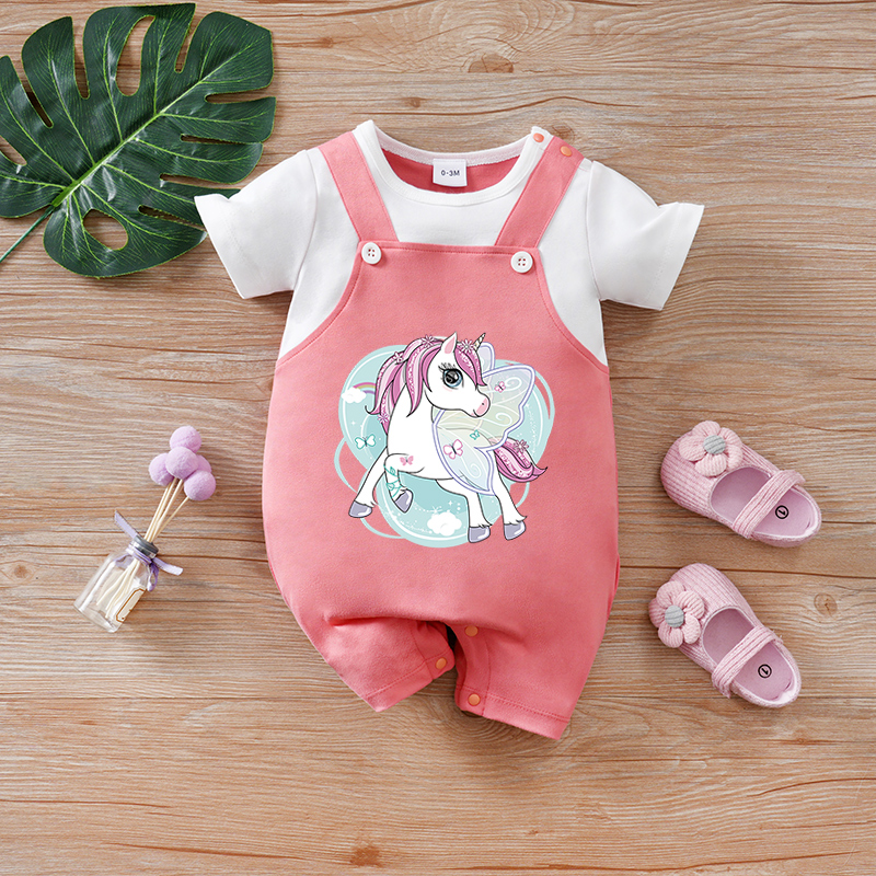 Newborn boys and girls summer pink unicorn short-sleeved cute soft and comfortable round-neck one-piece suit