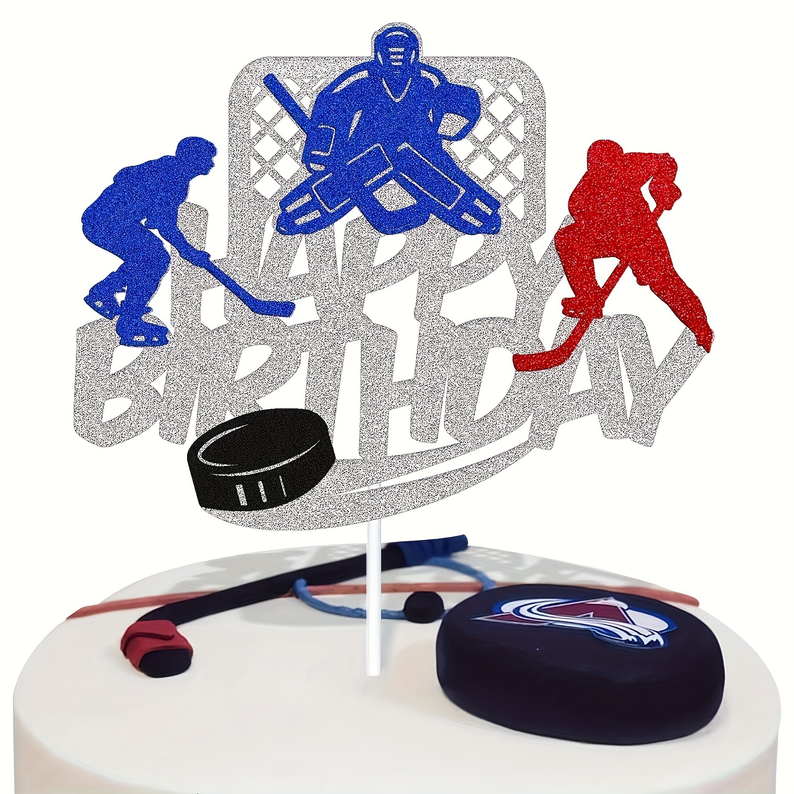 1PC Ice Hockey Cake Topper Happy Birthday Cupcake Decorations for Man Women Sliver Glitter Double Sided Print