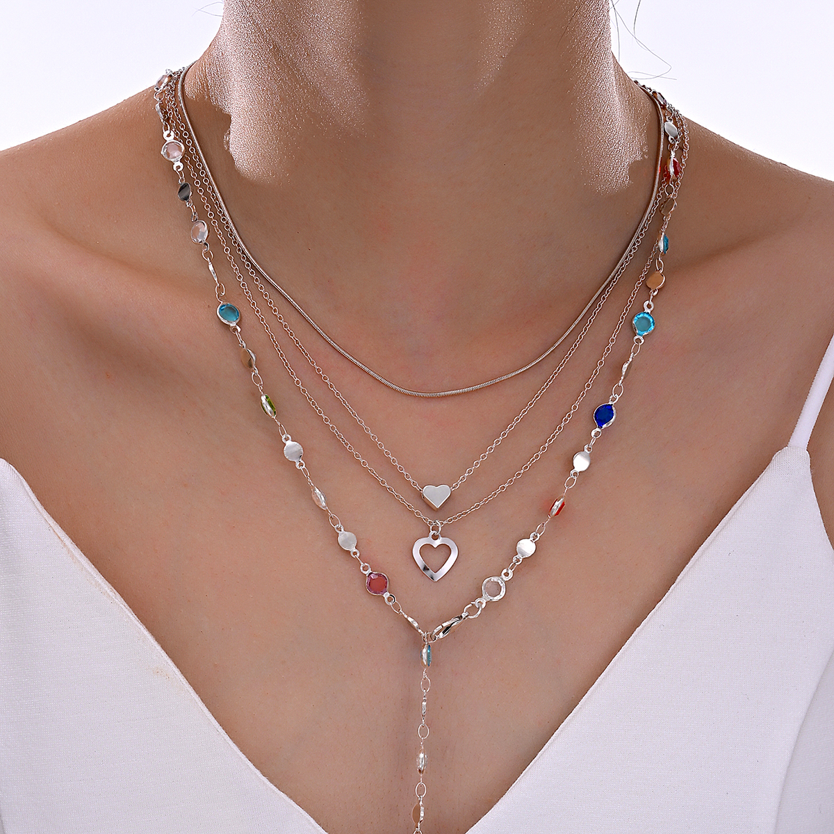 4 Pcs Set Vintage Elegant Fashion Colorful Crystal Heart Pendant Tassel Necklace For Women Daily Holiday Party Versatile Jewelry