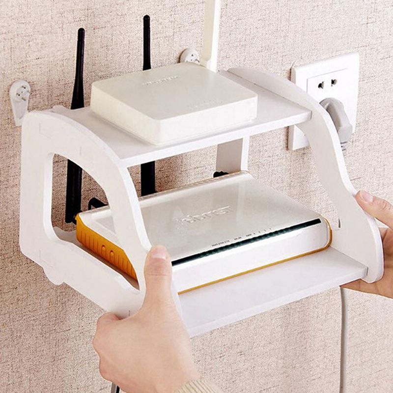 Wall-mounted WiFi Router Shelf Creative TV Set-Top Storage Box Double White Free Punching Storage Rack Living Room