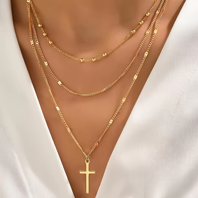 European and American Fashion Chain Bead Cross Multi-layer Necklace, Women's Personalized Trendy Jewelry Accessories