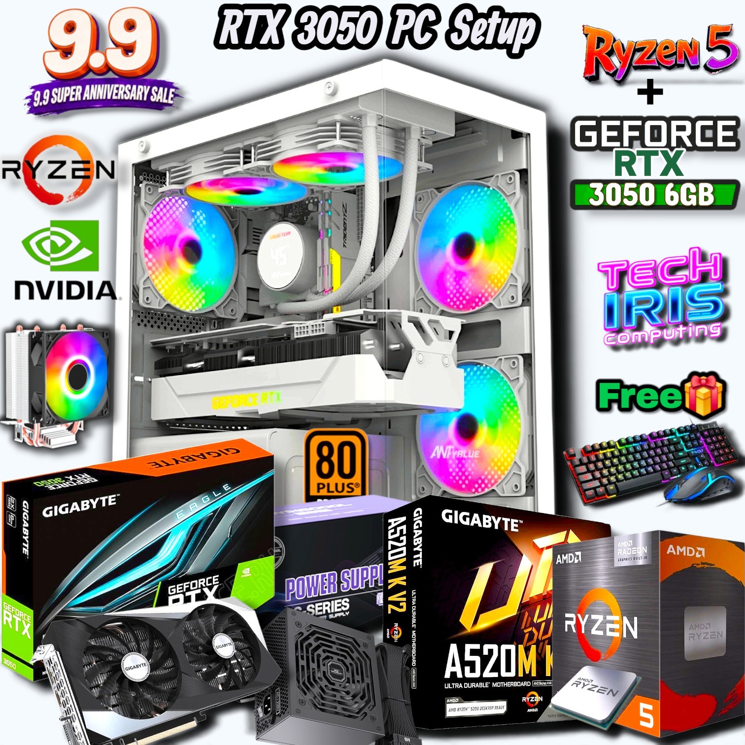 RTX 3050 Graphics Powered With 24" 100HZ Monitor Gaming PC Setup, 800WATT PSU, 8/16GB DDR4 RAM, 512/256GB NVMe M.2 SSD Gaming CPU