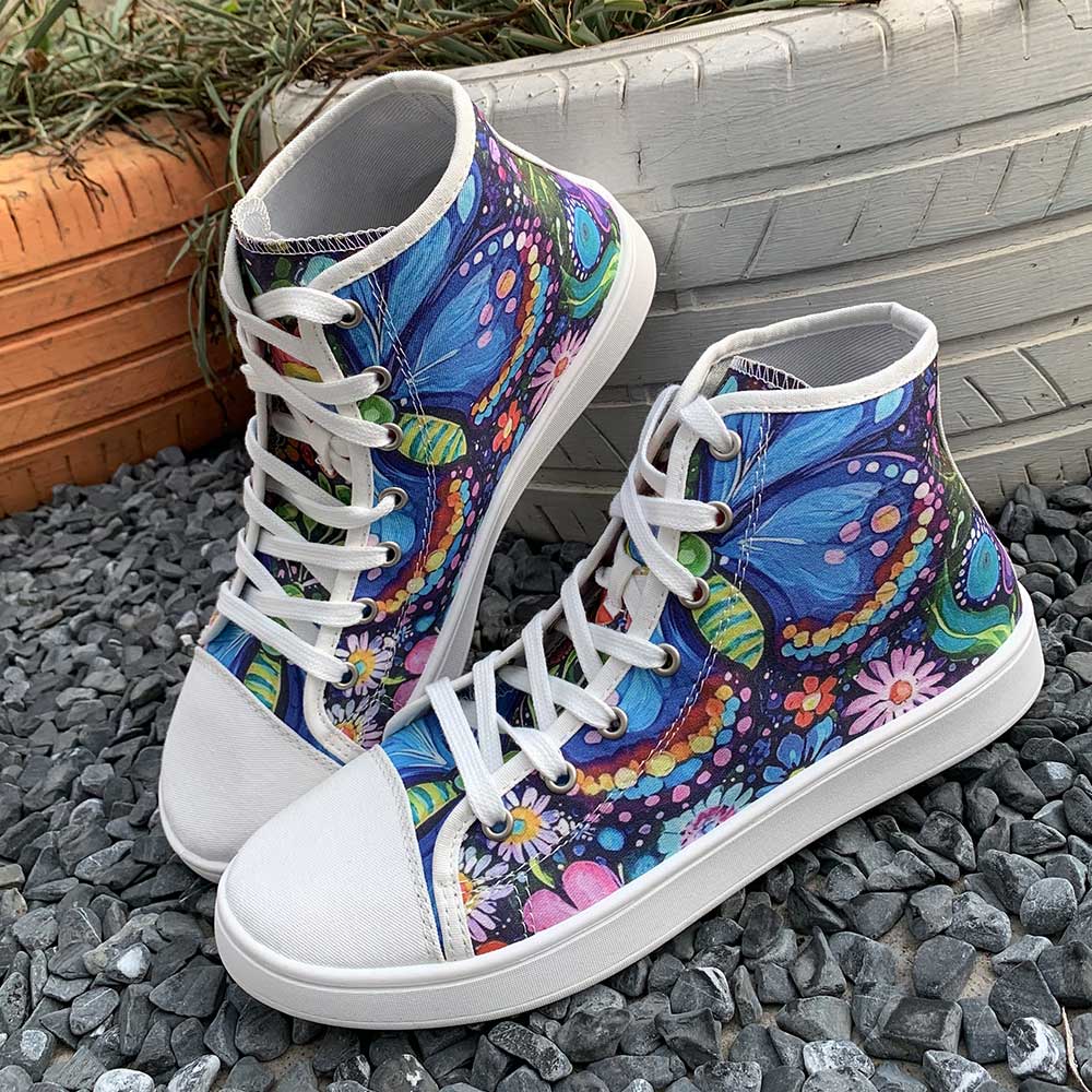 Women's Spring and Autumn New Fashion Floral Insect and Plant Print High-Top Casual Sneakers, Slip-On Comfortable High-Top Lace-Up Soft-Soled Lightweight Breathable Large-Size Women's Shoes, Walking Shoes, Hiking Shoes, Running Shoes, Trekking Shoes. s...