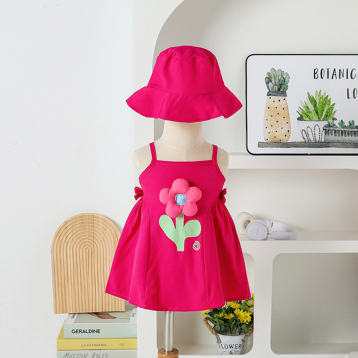 2025 New Summer Solid Strapless Dress with 3D Flower Sun Hat Two-piece Set