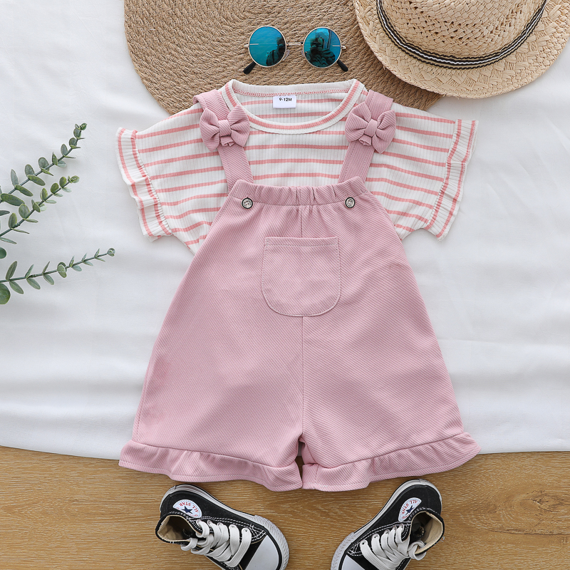 Summer fashion striped romper pants and short-sleeved shorts set for female infants and toddlers
